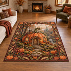 Pumpkin Cottage Woodland Harvest Area Rug featuring a pumpkin-shaped cottage and harvest border in an autumn-inspired setting