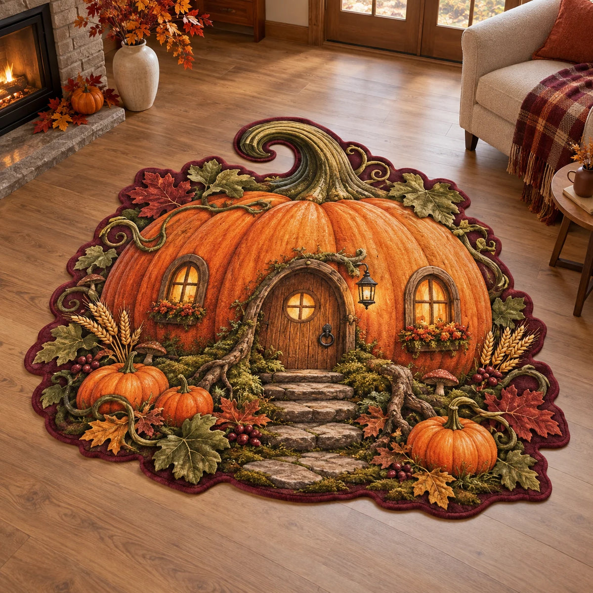 Pumpkin Cottage Woodland Harvest Custom Shape Area Rug featuring a pumpkin cottage and harvest frame in an autumn-inspired setting