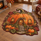 Pumpkin Cottage Woodland Harvest Custom Shape Area Rug featuring a pumpkin cottage and harvest frame in an autumn-inspired setting
