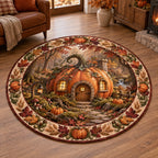 Pumpkin Cottage Woodland Harvest Round Mat Rug featuring a pumpkin-shaped cottage and harvest border in an autumn-inspired setting