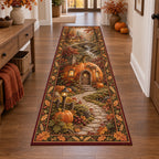 Pumpkin Cottage Woodland Harvest Runner Rug featuring a pumpkin-shaped cottage and harvest border in an autumn-inspired setting