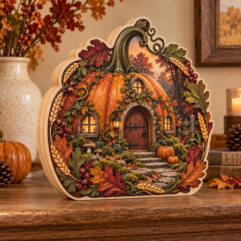 Pumpkin Cottage Woodland Harvest Wooden Block 3 Layer featuring a pumpkin cottage and harvest frame in an autumn-inspired setting