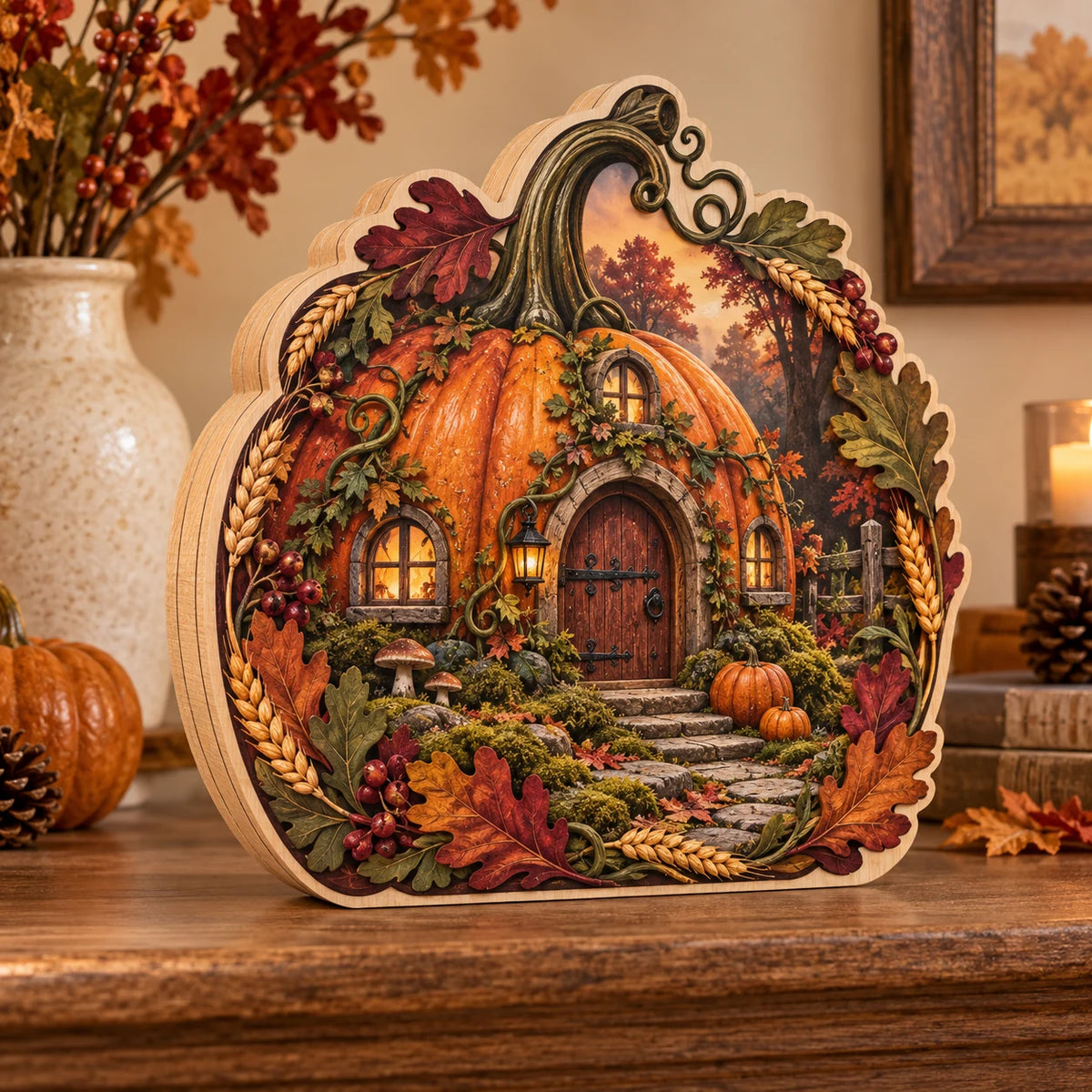 Pumpkin Cottage Woodland Harvest Wooden Block 3 Layer featuring a pumpkin cottage and harvest frame in an autumn-inspired setting