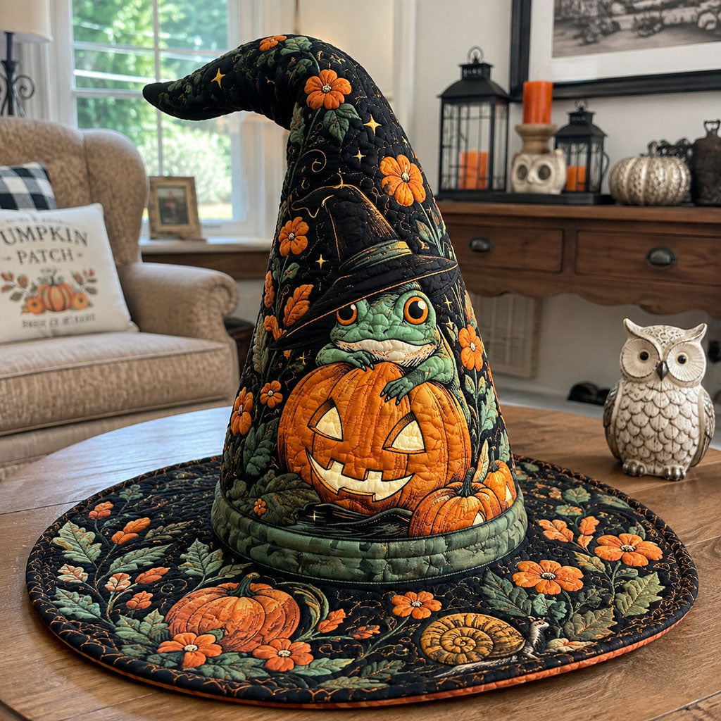Pumpkin Spellbound quilted witch hat, all-over print on cone and brim