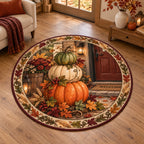 Complete round rug with oak-leaf, wheat and vine ring; three stacked pumpkins overlap a recessed cottage door and lantern.