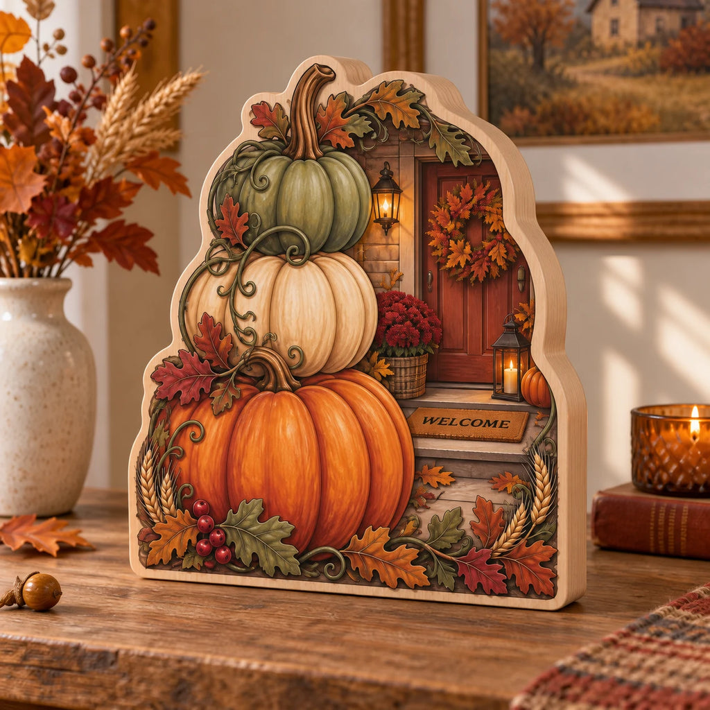 Complete tabletop block with smooth broad wood layers after revision; stacked pumpkins and recessed porch framed by oak leaves and wheat.