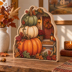 Complete tabletop block with smooth broad wood layers after revision; stacked pumpkins and recessed porch framed by oak leaves and wheat.
