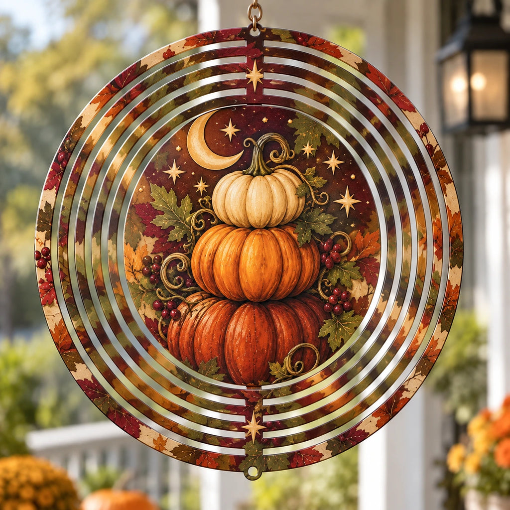Pumpkin Stack Moonlit Harvest Wind Spinner with printed dimensional artwork