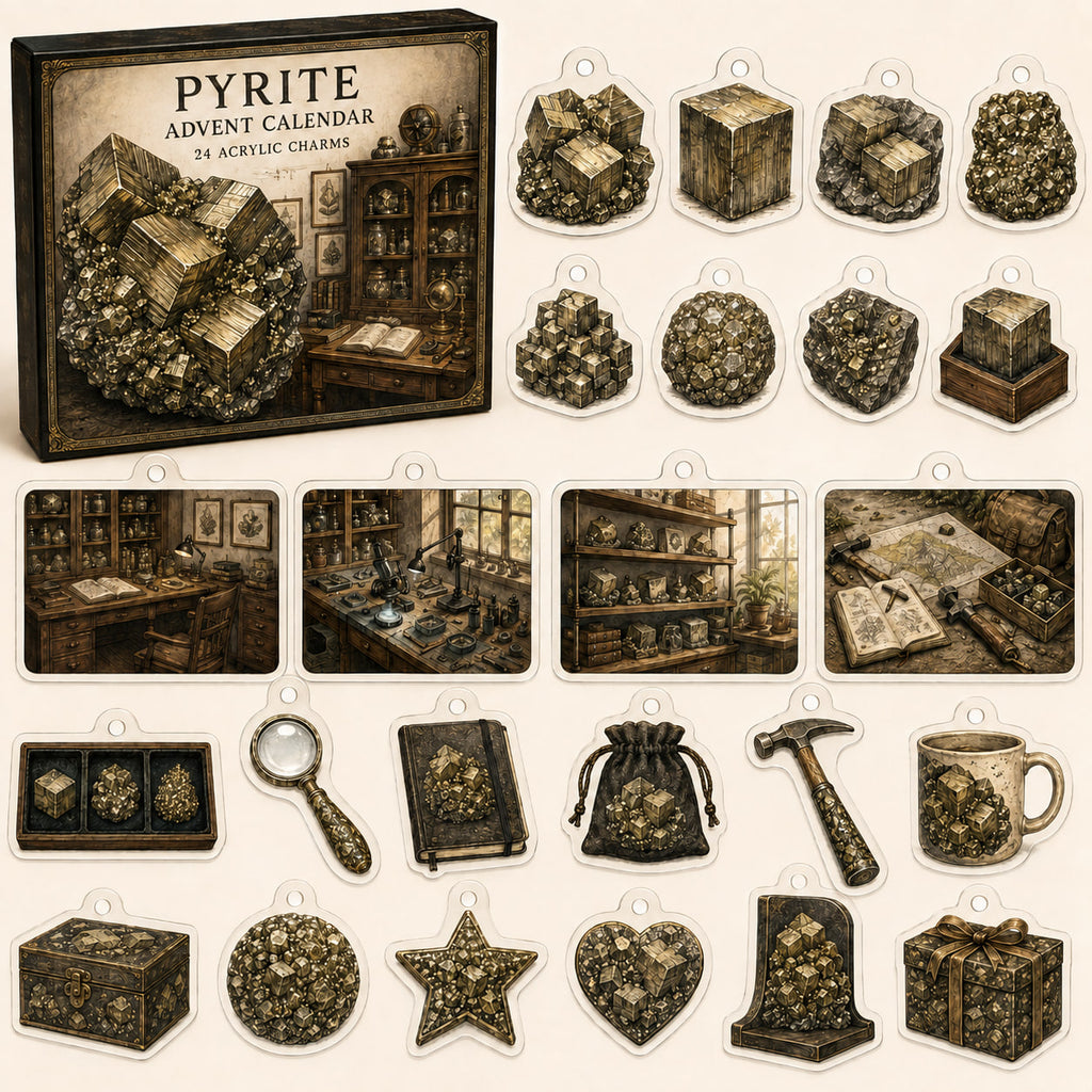 Pyrite advent calendar box and 24 mineral-themed printed acrylic charms