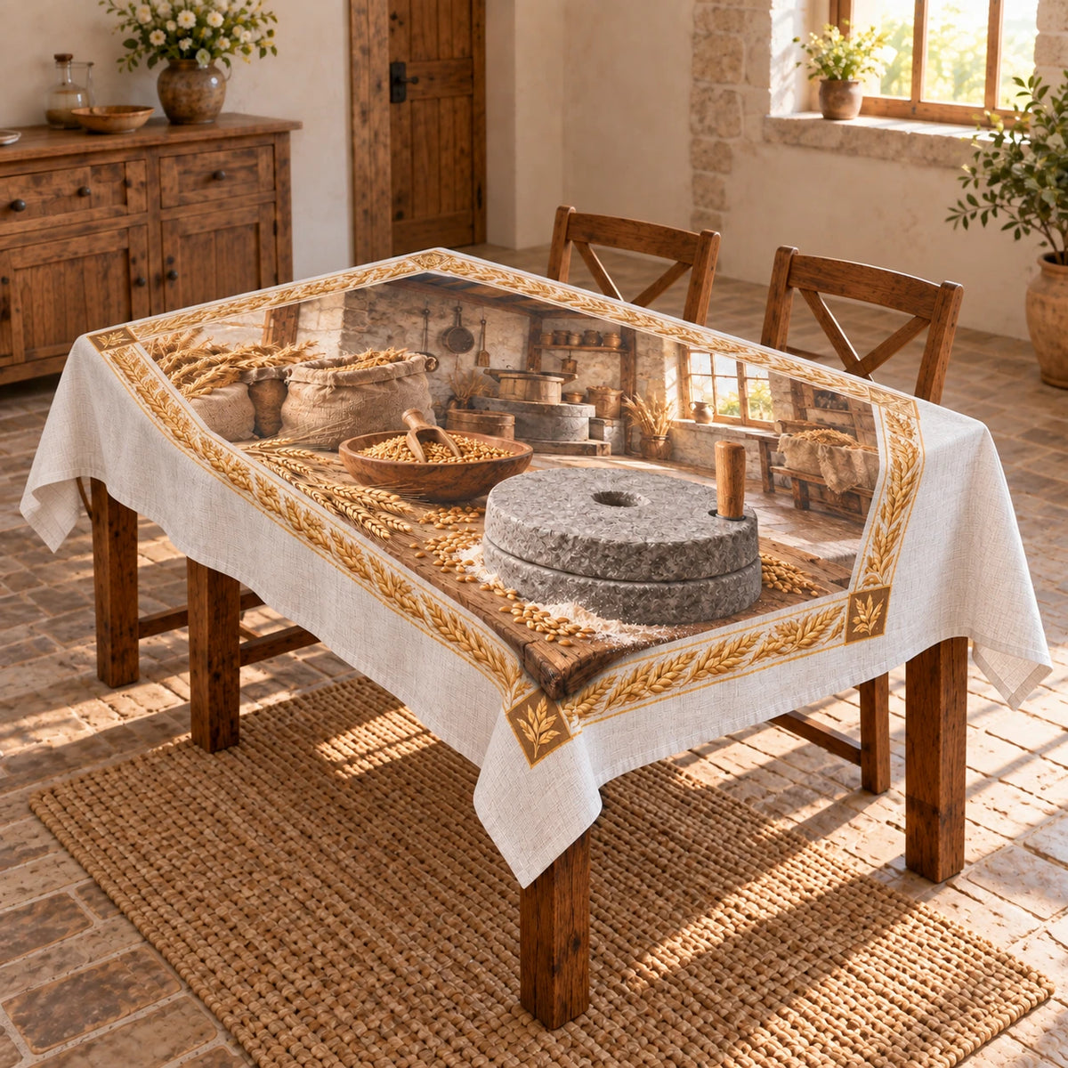 Quern Grain Milling Hearth Tablecloth with original printed optical 3D artwork