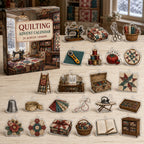 Quilting advent calendar box with 24 varied printed acrylic charms in a themed workshop setting