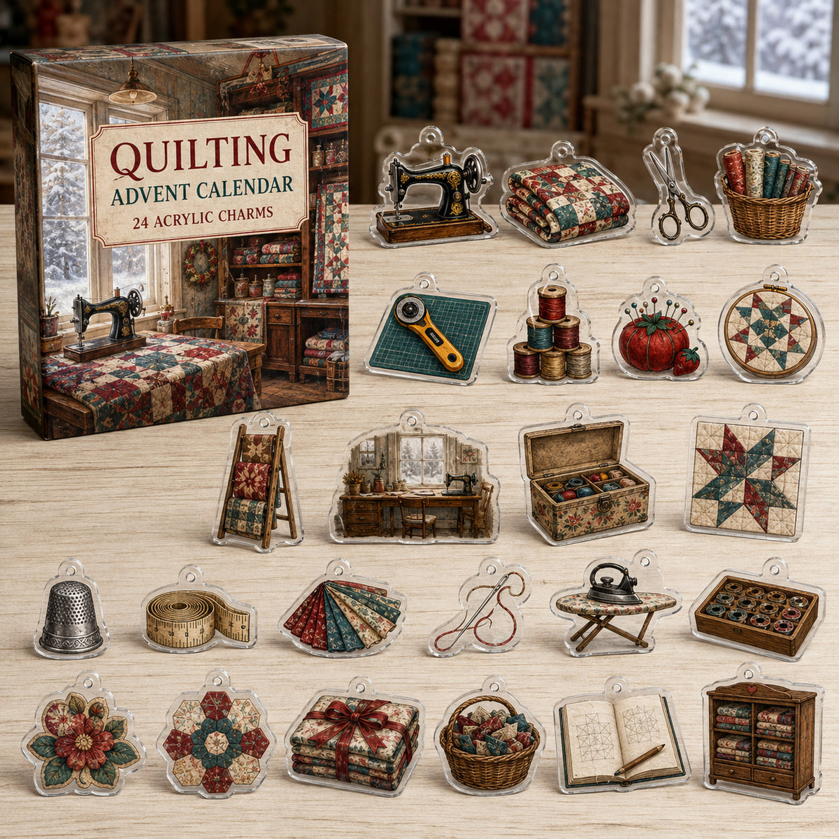 Quilting advent calendar box with 24 varied printed acrylic charms in a themed workshop setting
