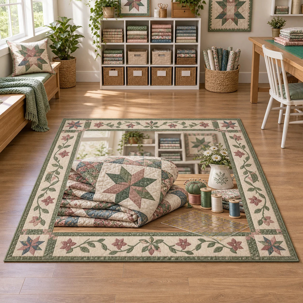 Quilting area rug with folded star patchwork, thread spools and a gridded ruler in a bright fabric studio.