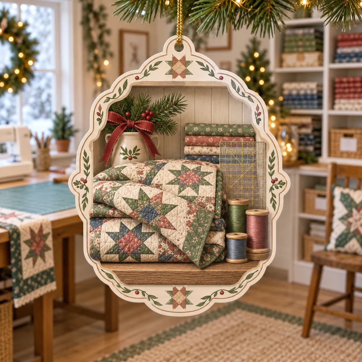 Quilting christmas ornament with folded star patchwork, thread spools and a gridded ruler in a bright fabric studio.