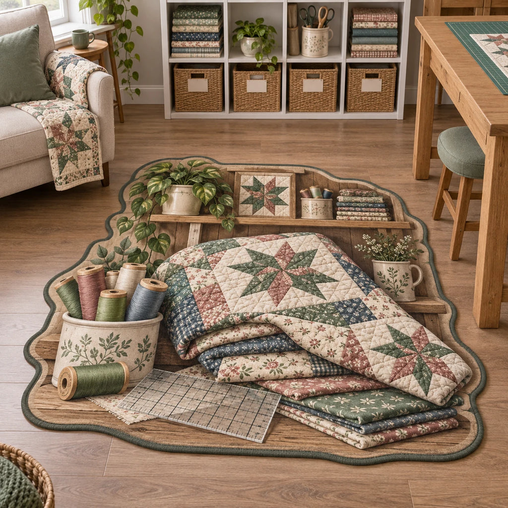 Quilting custom shape area rug with folded star patchwork, thread spools and a gridded ruler in a bright fabric studio.