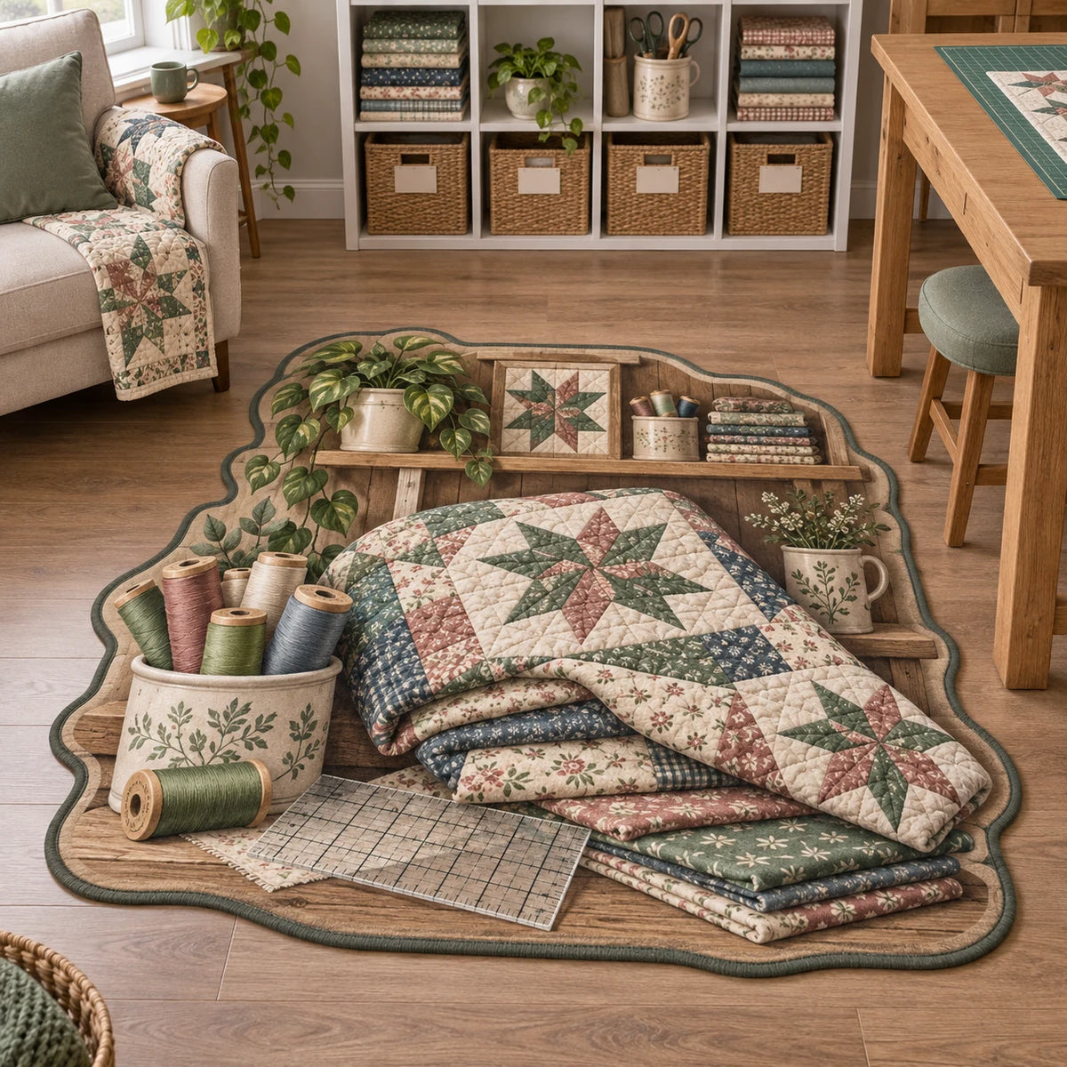 Quilting custom shape area rug with folded star patchwork, thread spools and a gridded ruler in a bright fabric studio.