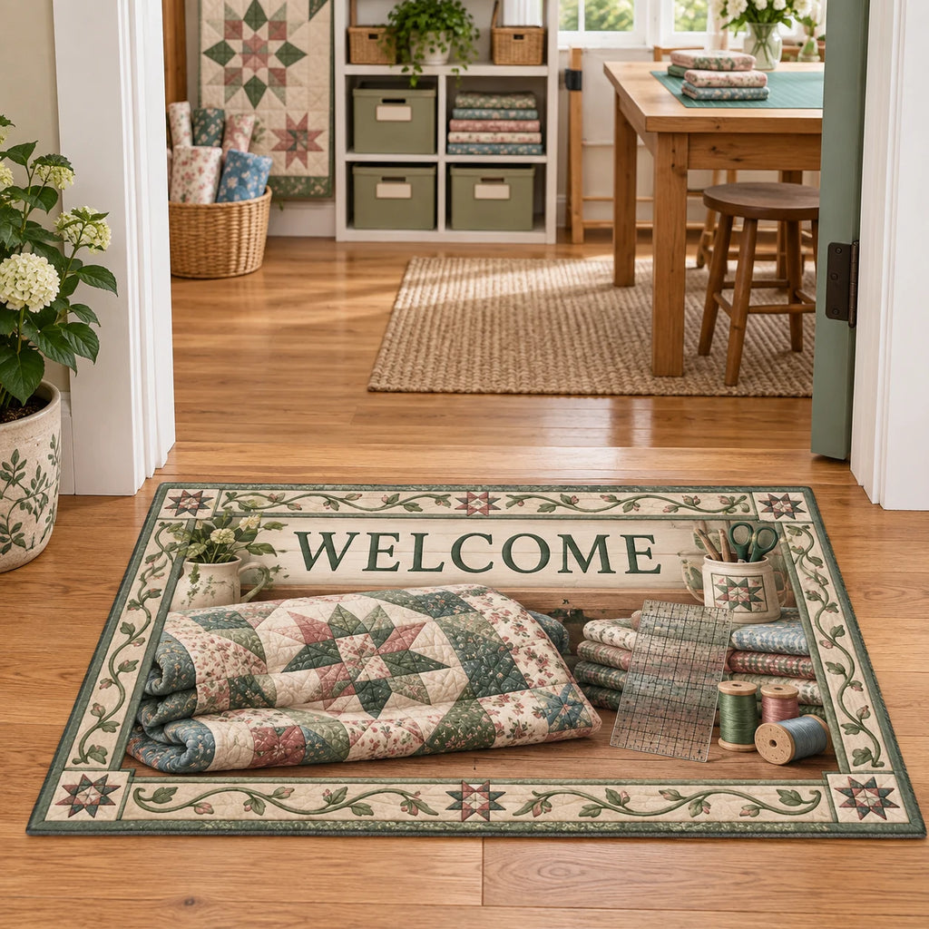 Quilting doormat with folded star patchwork, thread spools and a gridded ruler in a bright fabric studio.