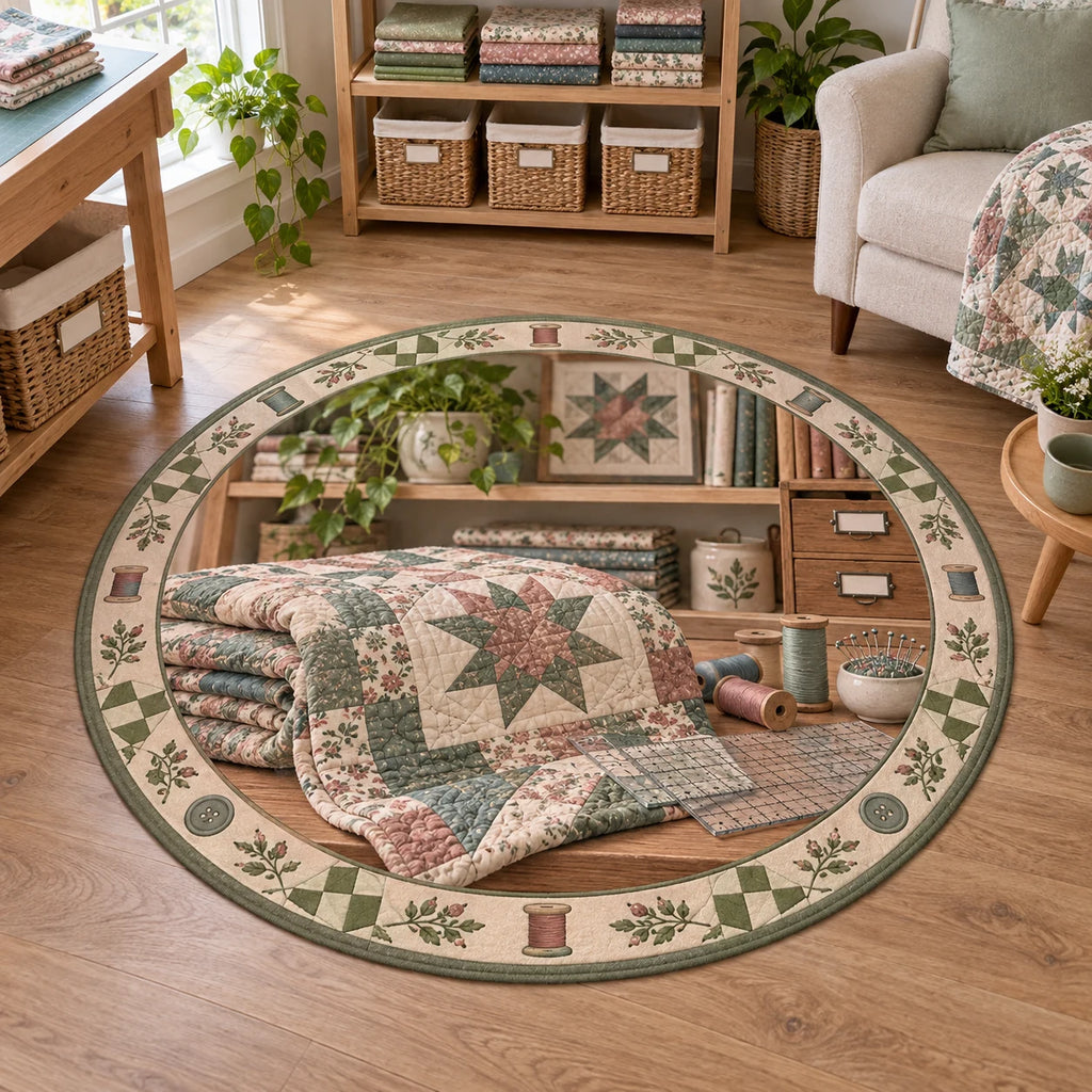 Quilting round mat rug with folded star patchwork, thread spools and a gridded ruler in a bright fabric studio.