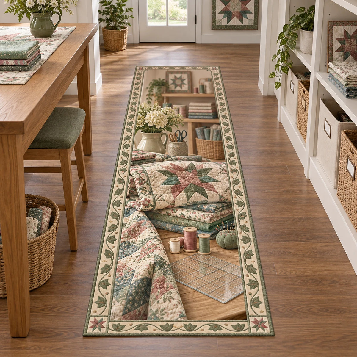 Quilting runner rug with folded star patchwork, thread spools and a gridded ruler in a bright fabric studio.