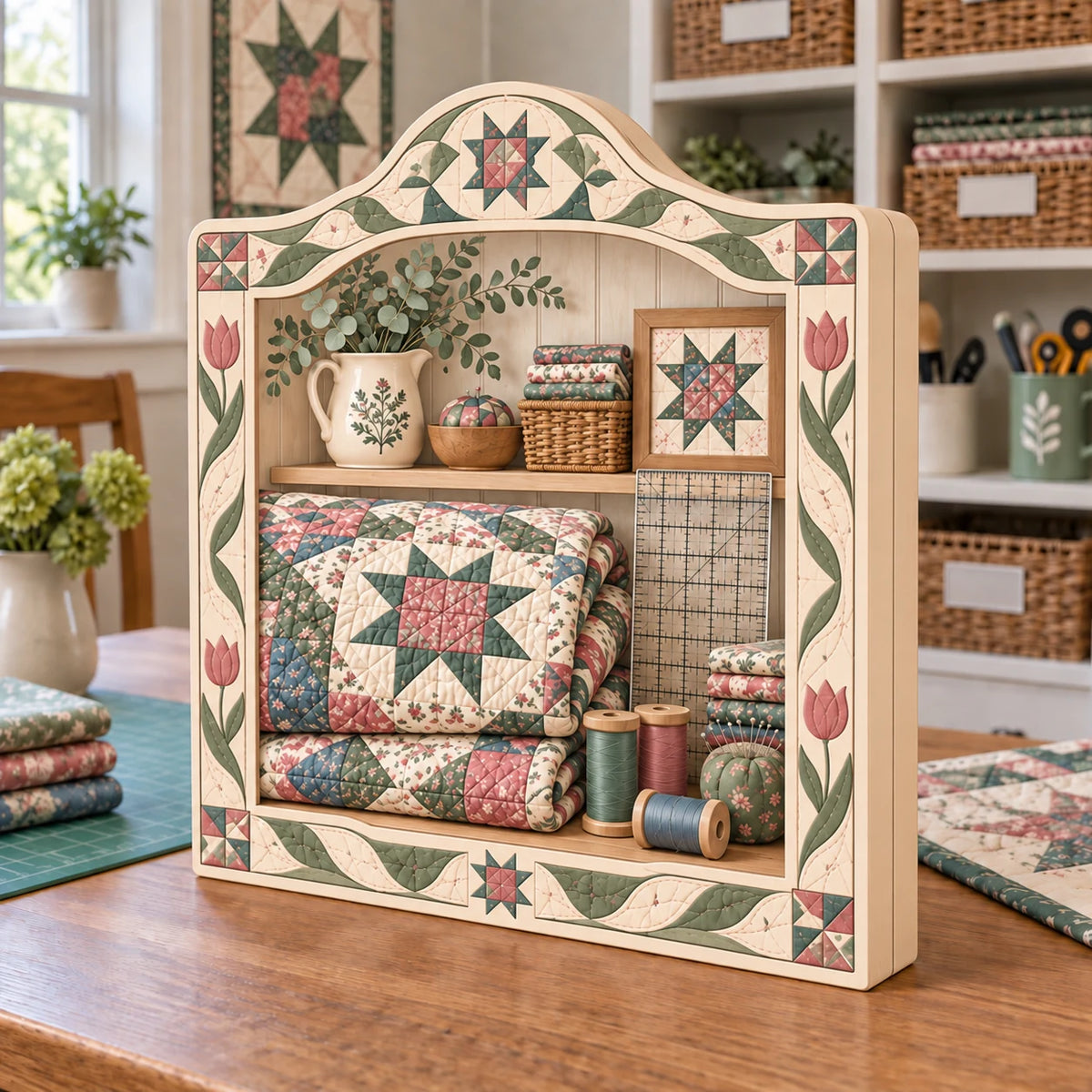 Quilting wooden block with folded star patchwork, thread spools and a gridded ruler in a bright fabric studio.
