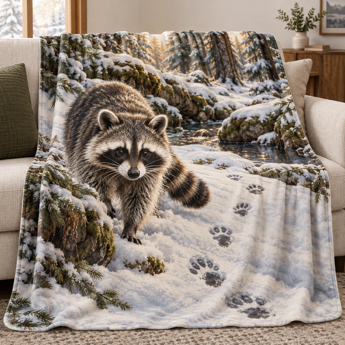 Raccoon Snowy Footprints Fleece Blanket with printed dimensional artwork