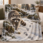 Raccoon Snowy Footprints Fleece Blanket with printed dimensional artwork