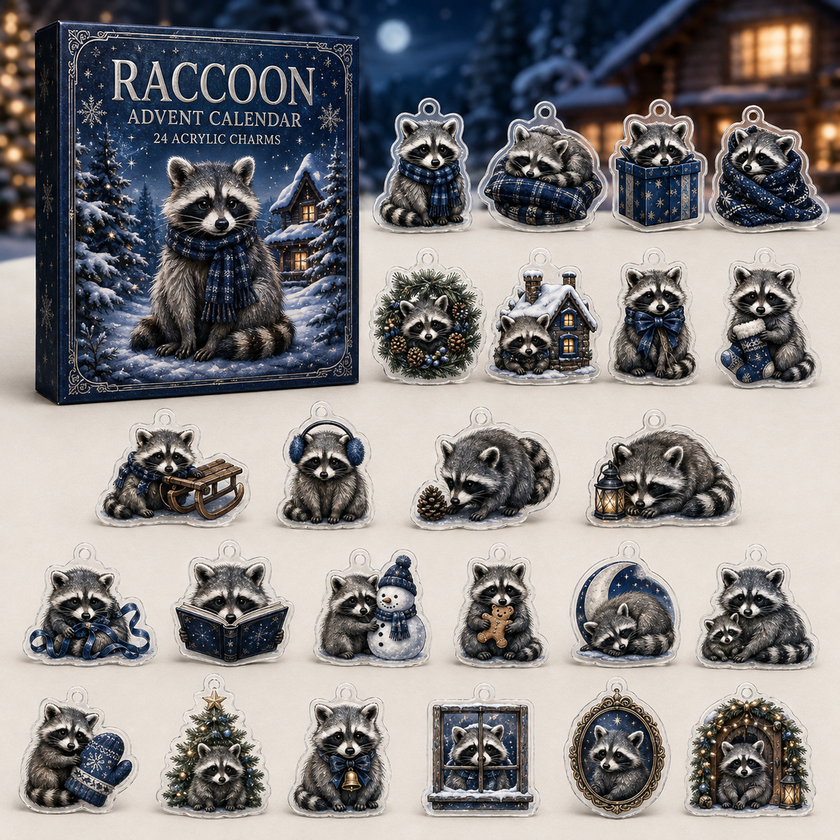 Raccoon advent calendar box and full set of 24 illustrated acrylic charms on a light tabletop