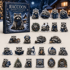 Raccoon advent calendar box and full set of 24 illustrated acrylic charms on a light tabletop