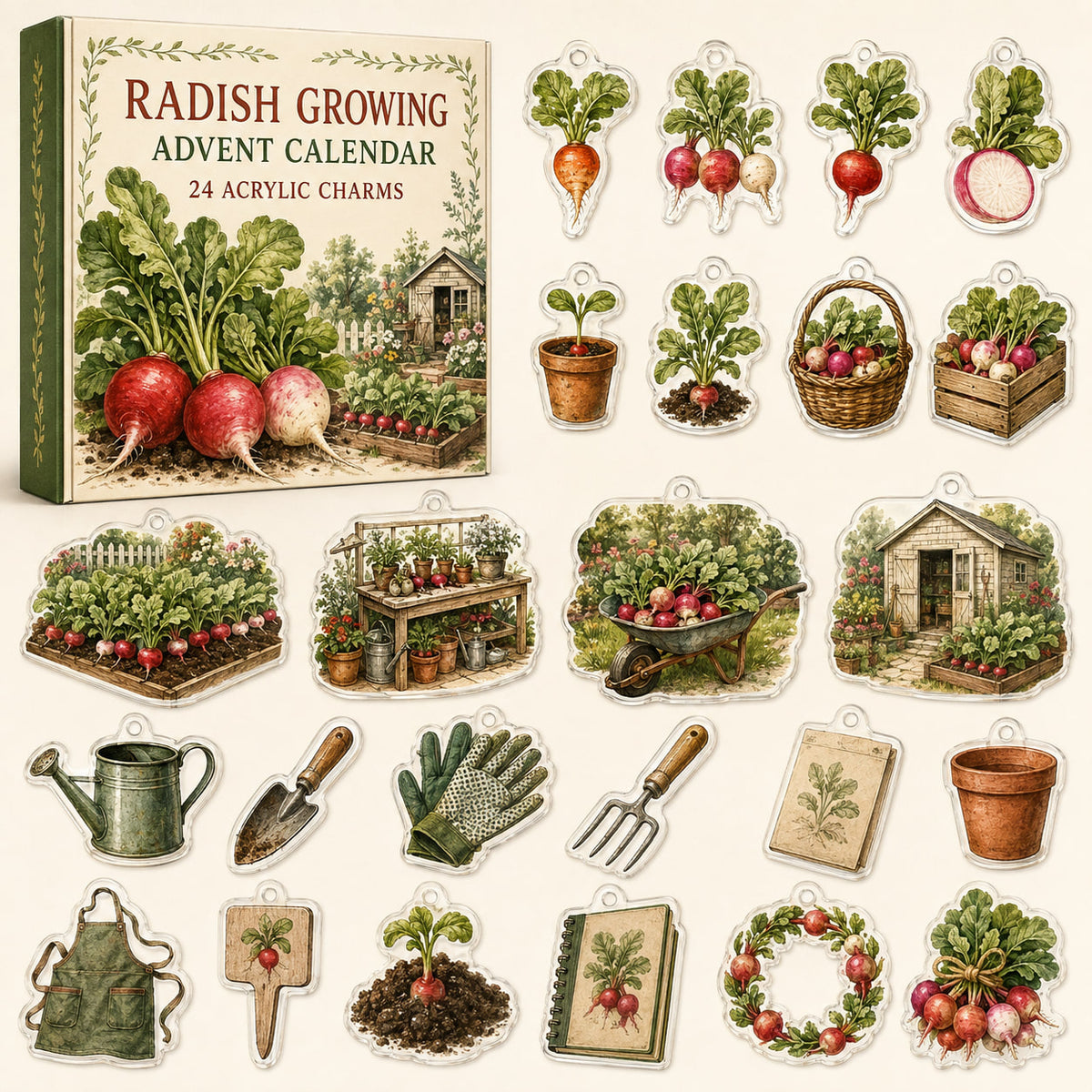 Radish Growing advent calendar with24 printed acrylic garden charms