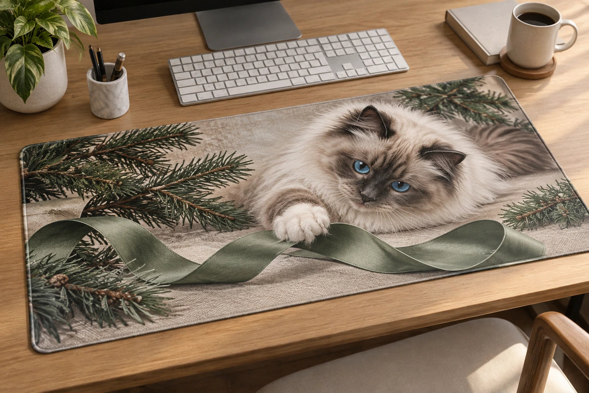 Ragdoll Cat Christmas Ribbon Desk Mat with printed dimensional artwork