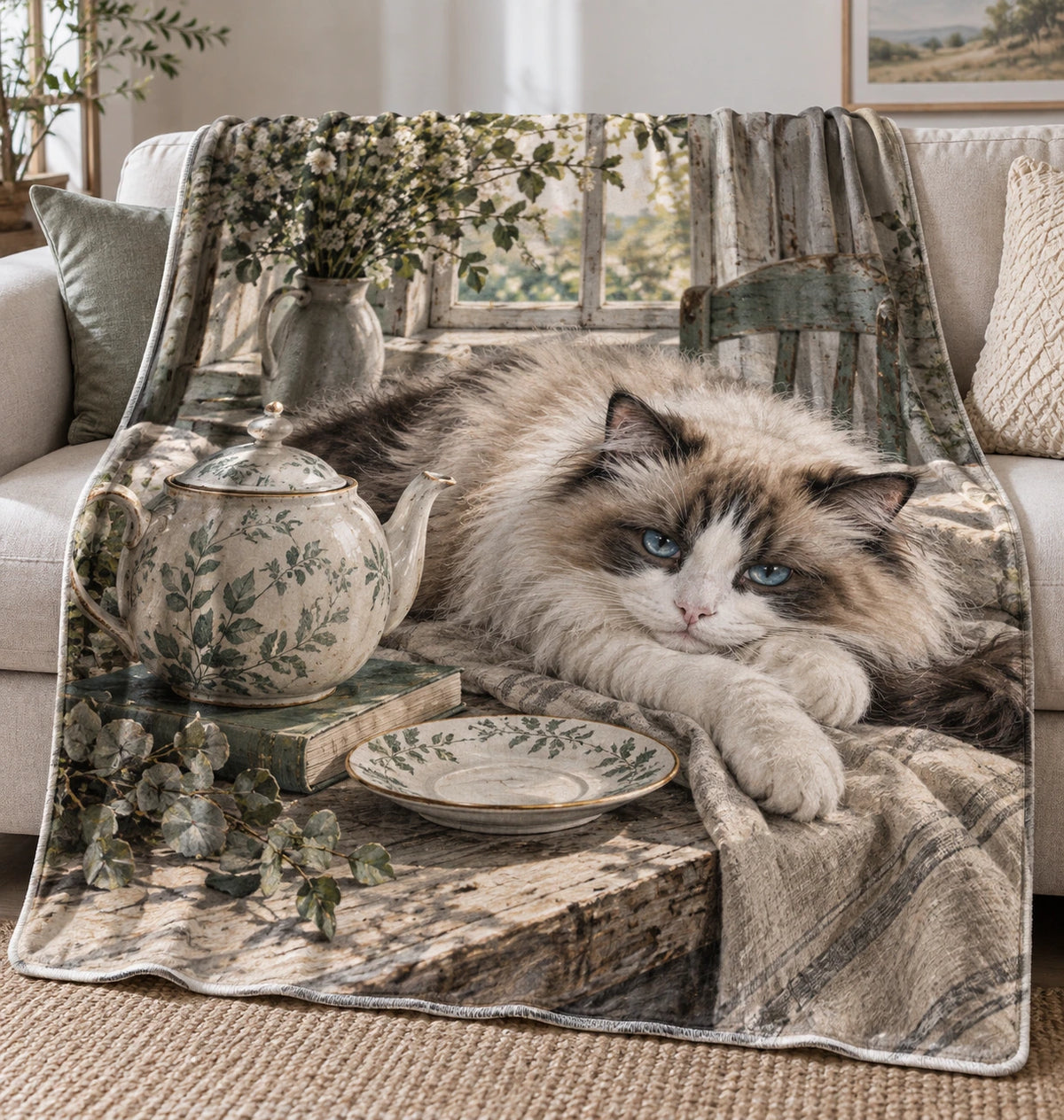 Ragdoll Cat Teacup Afternoon Fleece Blanket with printed dimensional artwork