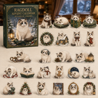 Ragdoll advent calendar box and full set of 24 illustrated acrylic charms on a light tabletop