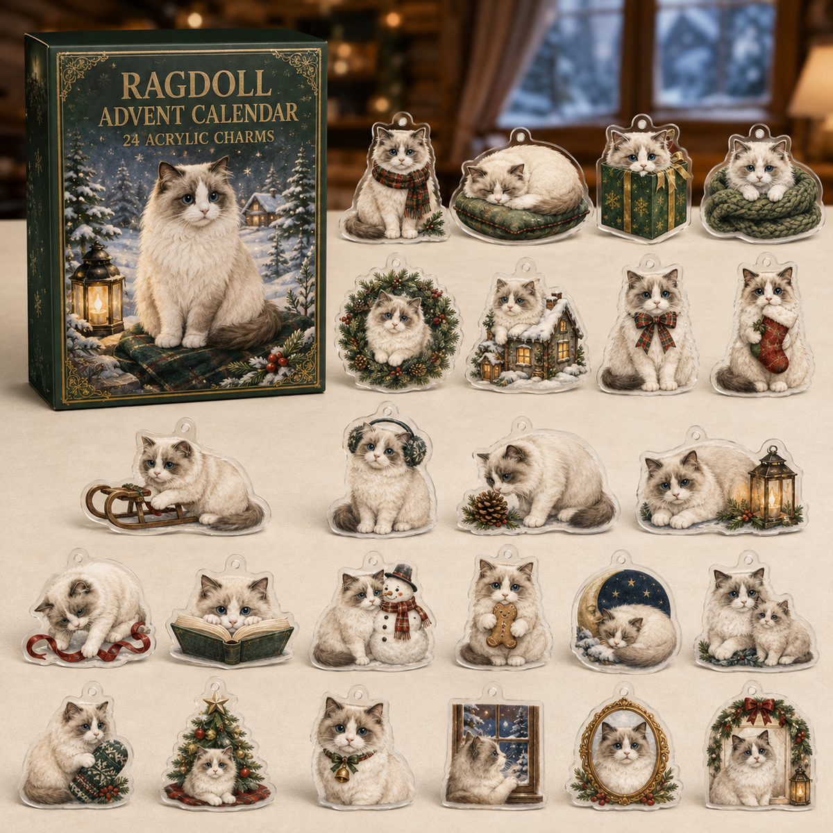 Ragdoll advent calendar box and full set of 24 illustrated acrylic charms on a light tabletop