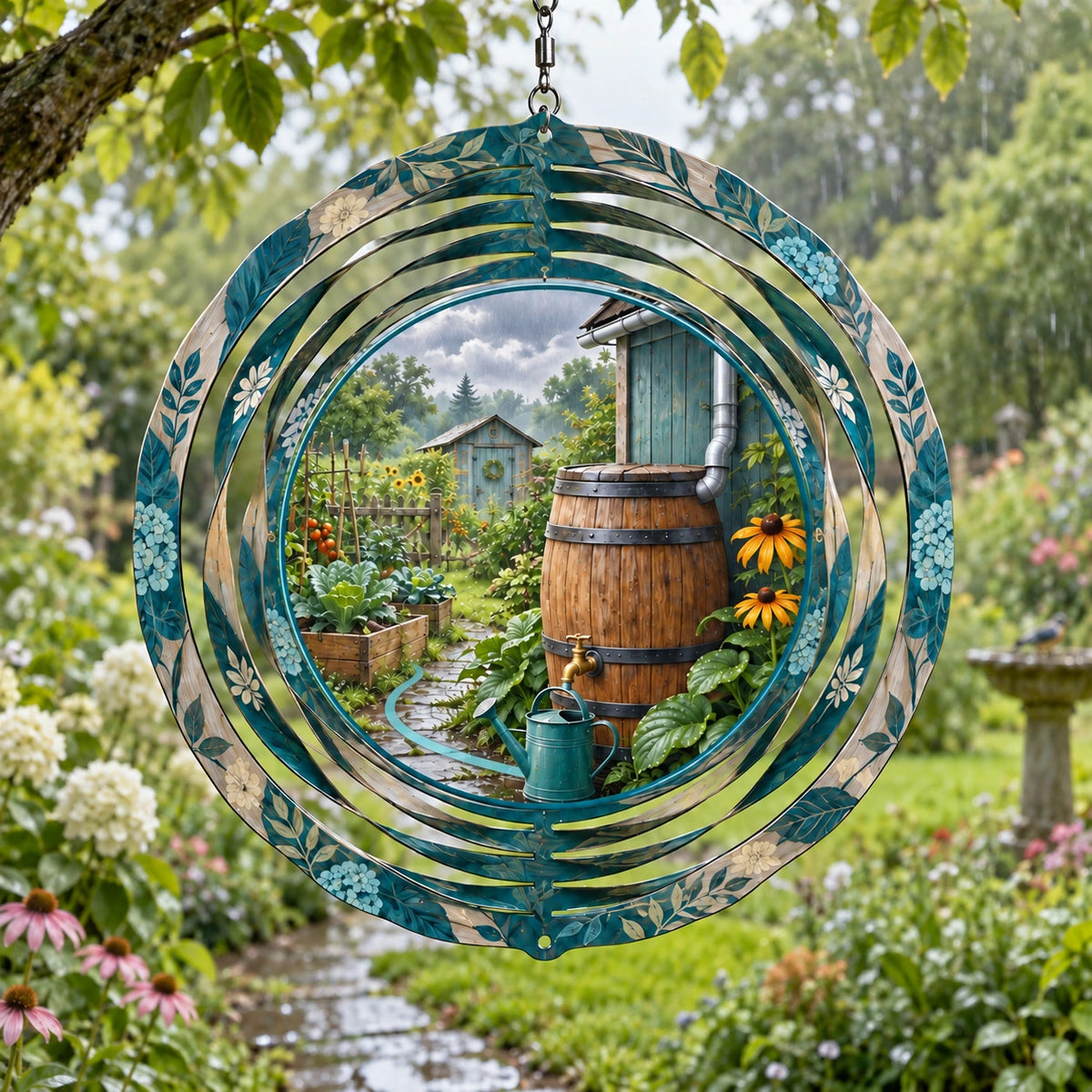 Rain Barrel Garden Wind Spinner with original printed optical 3D artwork