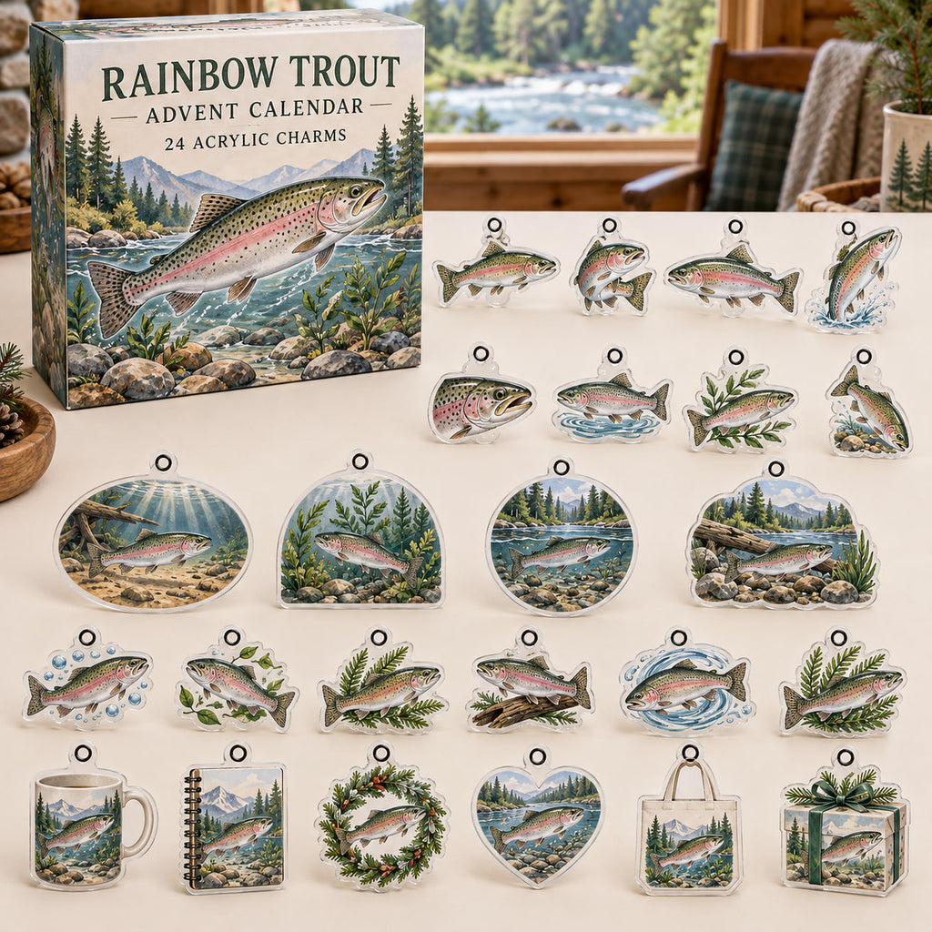 Rainbow Trout advent calendar box with 24 themed flat printed acrylic charms