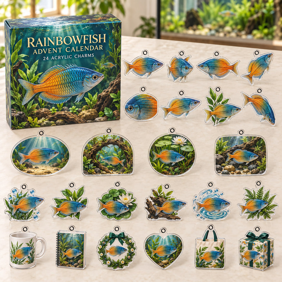 Rainbowfish advent calendar box with 24 themed flat printed acrylic charms