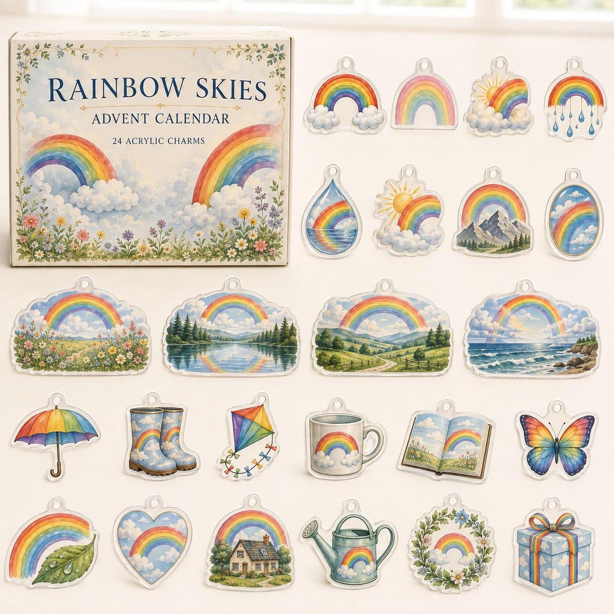 Rainbows advent calendar box with 24 printed acrylic sky and weather charms