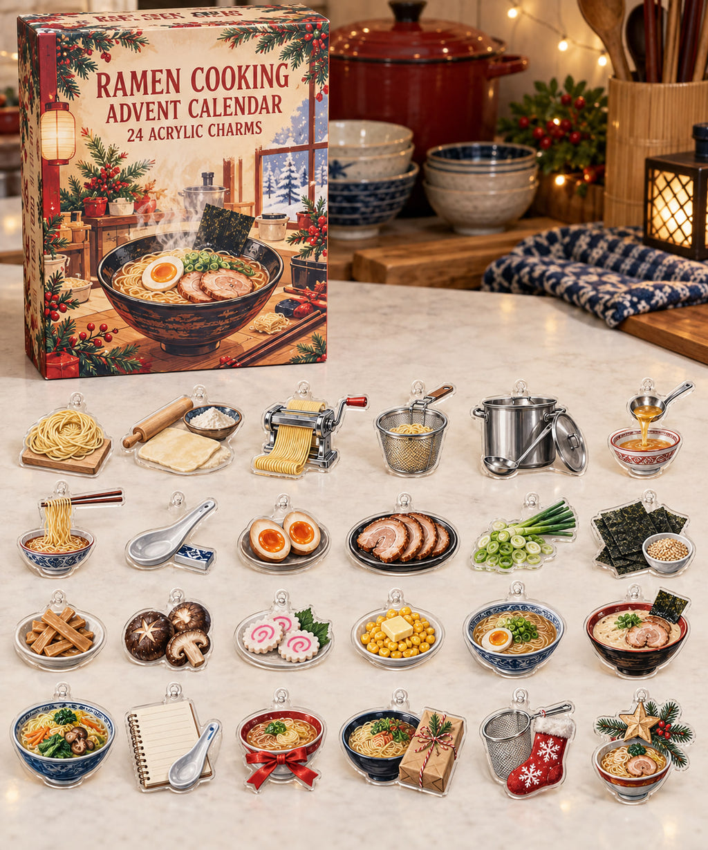 Ramen Cooking advent calendar with 24 custom-shaped flat acrylic charms and printed dimensional artwork