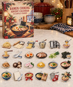 Ramen Cooking advent calendar with 24 custom-shaped flat acrylic charms and printed dimensional artwork