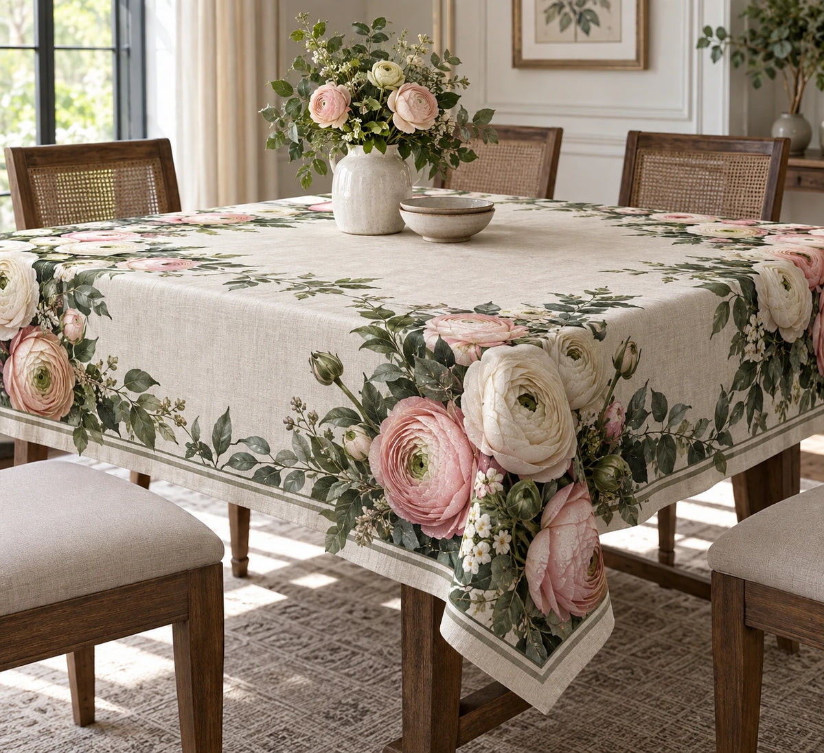 Ranunculus Dewdrop Morning Tablecloth with printed dimensional artwork