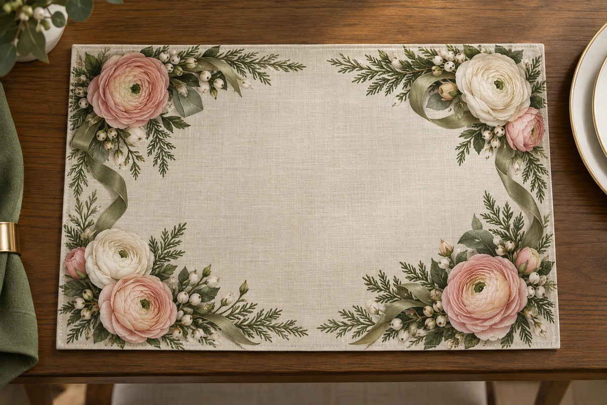 Ranunculus Holiday Bouquet Placemat with printed dimensional artwork