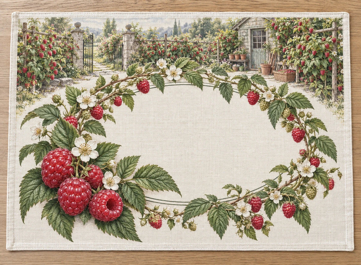 Raspberry Blossom Wreath Placemat with flat printed dimensional fruit artwork