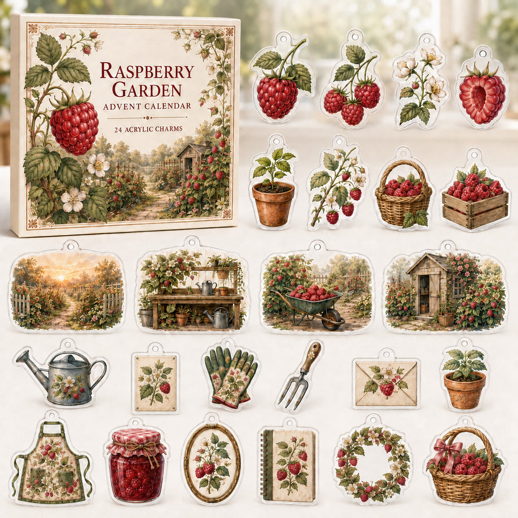 Raspberry Growing advent calendar box and 24 printed acrylic fruit garden charms