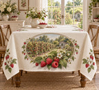 Raspberry Garden Tablecloth with printed dimensional raspberries and garden medallion