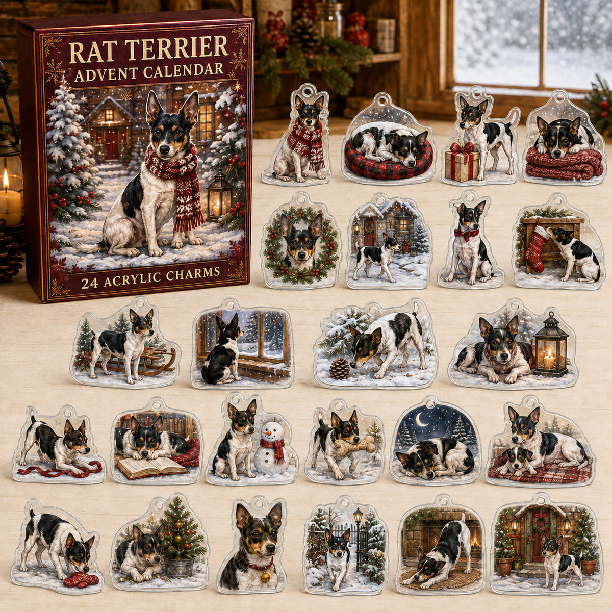 Rat Terrier advent calendar box and 24 illustrated acrylic charms displayed on an ivory tabletop in a winter setting