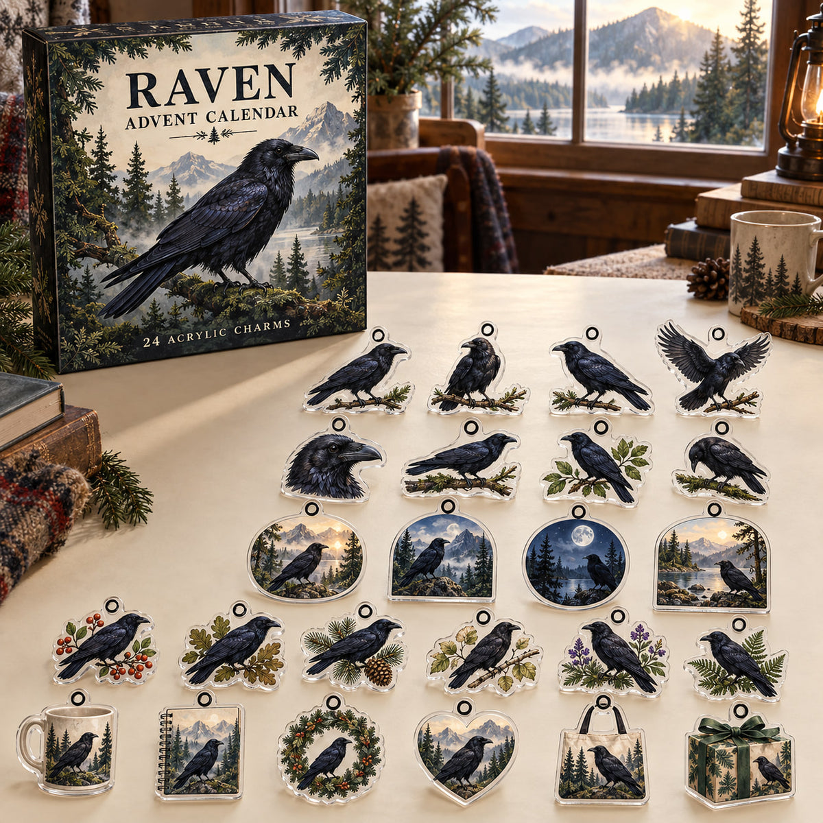 Raven advent calendar box with 24 themed flat printed acrylic charms