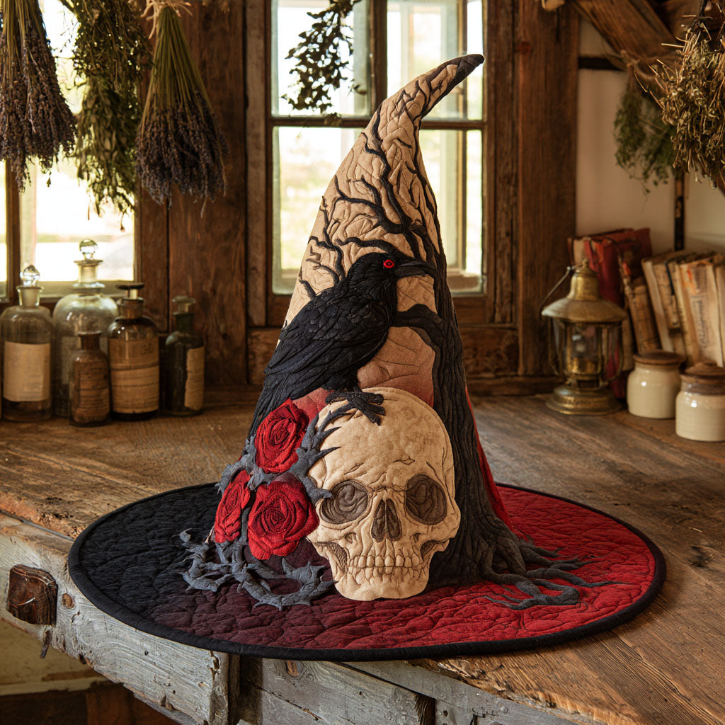 Raven's Requiem quilted witch hat, all-over print on cone and brim