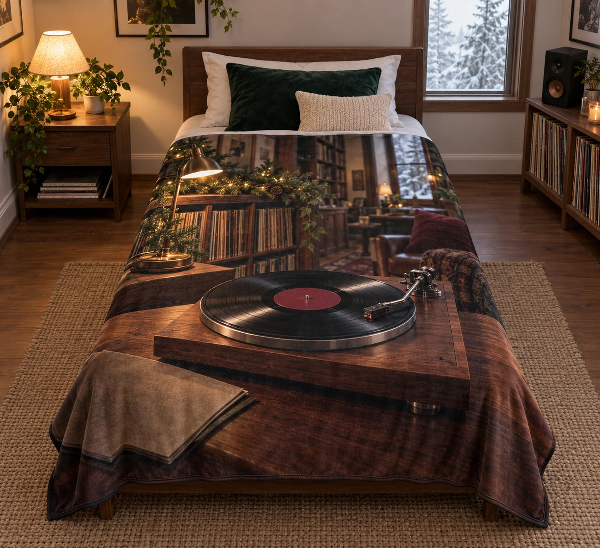 Walnut record player and warm listening room, printed optical-depth fleece throw blanket.