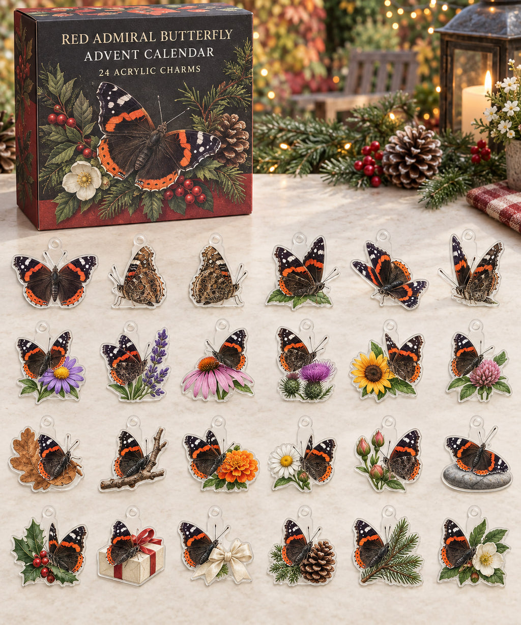 Red Admiral Butterfly advent calendar with 24 custom-shaped flat acrylic charms and printed dimensional artwork