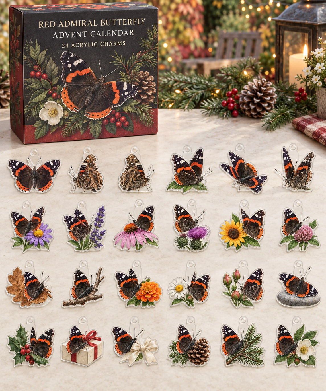 Red Admiral Butterfly advent calendar with 24 custom-shaped flat acrylic charms and printed dimensional artwork